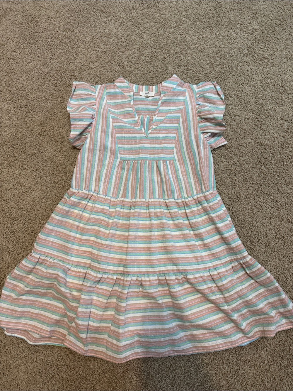 Striped Flutter-Sleeve Dress - Pink, Green & White
